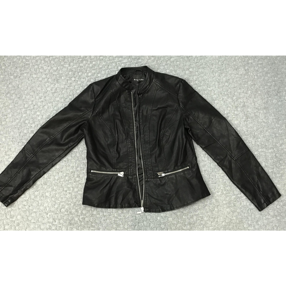 Baccini Jacket Womens Medium Black Faux Leather Moto Zip Up Peplum Biker Fitted - Picture 2 of 15